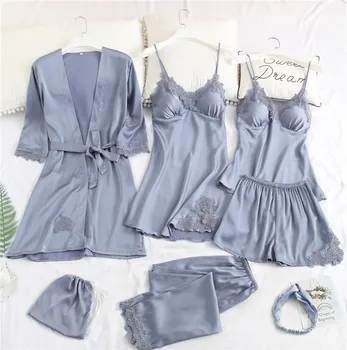 

Ice Silk Pajamas Female Spring and Autumn Korean Style Chest Pad Robe Piece Clothing Seven Pieces Set Pajama Sets Women