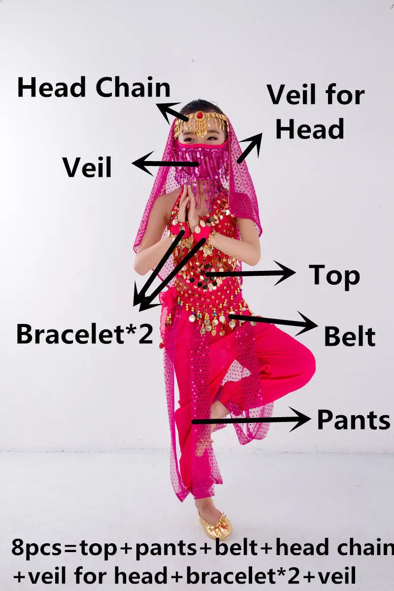 Child Costume Belly Dancer Belt Pants Veil Accessories for Wings Kids Bollywood Dress Girls Belly dance Costume Set 2-8Pieces - Цвет: Rose Red 8pcs