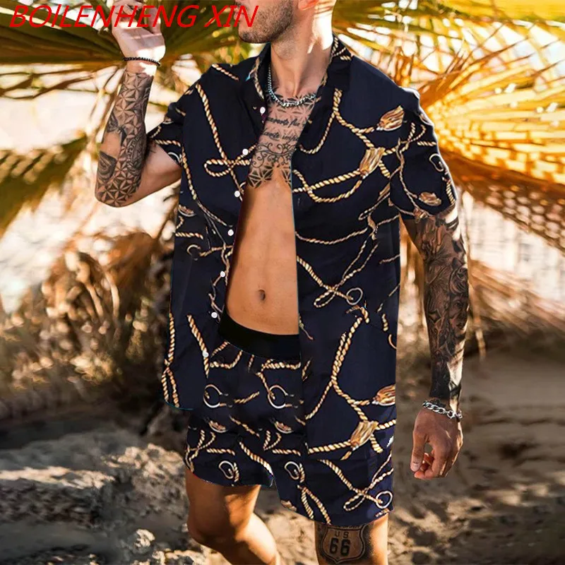 NEW Men Hawaiian Sets Printing 2021 Summer Short Sleeve Button Shirt Beach Shorts Streetwear Casual Mens Suit 2 Pieces INCERUN