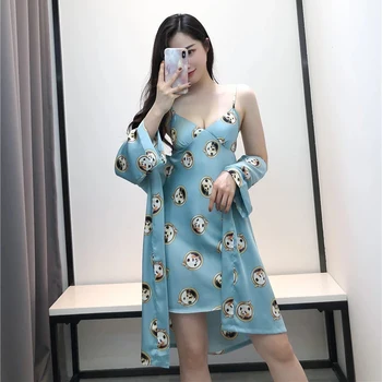 

Sexy Lingerie Women Silk Robe Dress print Up Babydoll Nightgown Sexy Sleepwear Nightdresses 2020 New Hot Underwear 2 piece set