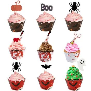 

24pcs Halloween Pumpkins Cake Toppers Bat Spider Cupcake Wrapper Kids Birthday Festival Party Cupcakes Liner Muffin Baking Decor