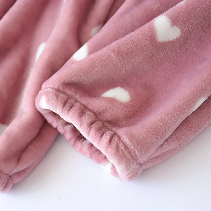 Фланелевые розовые милые женские штаны для сна с сердечком, зимние теплые мягкие пижамные штаны, качественная повседневная женская пижама, домашние брюки