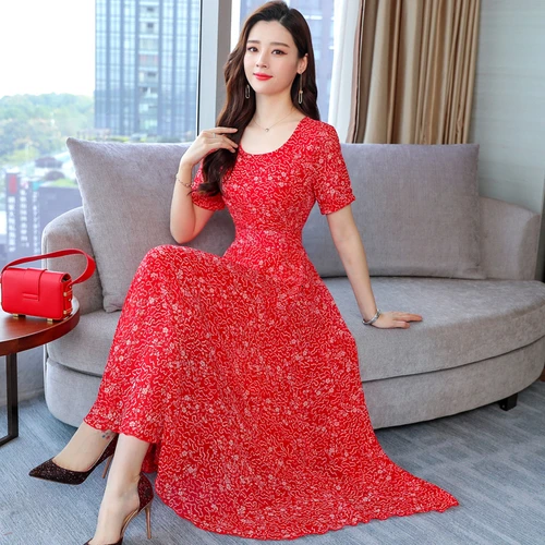 

Spring Chiffon Fashion Printed Women Dress 2019 New Style Summer Short Sleeve Round Collar Xxx Female Slim Temperament Dresses