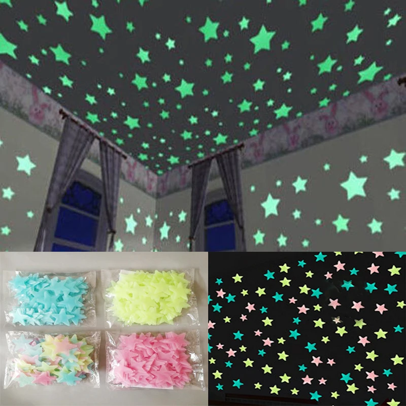 Pegatinas de pared fluorescentes que brillan en la oscuridad para habitación de niños, adhesivo para salón, bolsa de 50 Uds., 3D Star Energy Storm, 100 Uds.