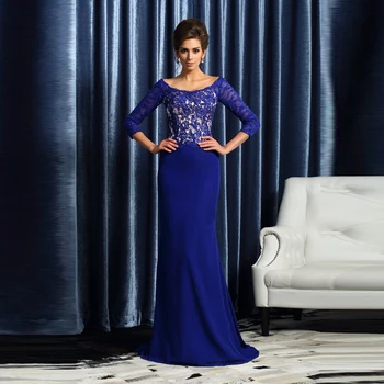 

New Charming Royal Blue Lace Mermaid Scoop Neckline Mother of the Bride Dresses With 3/4 Sleeves Wedding Guest Dress Back Out