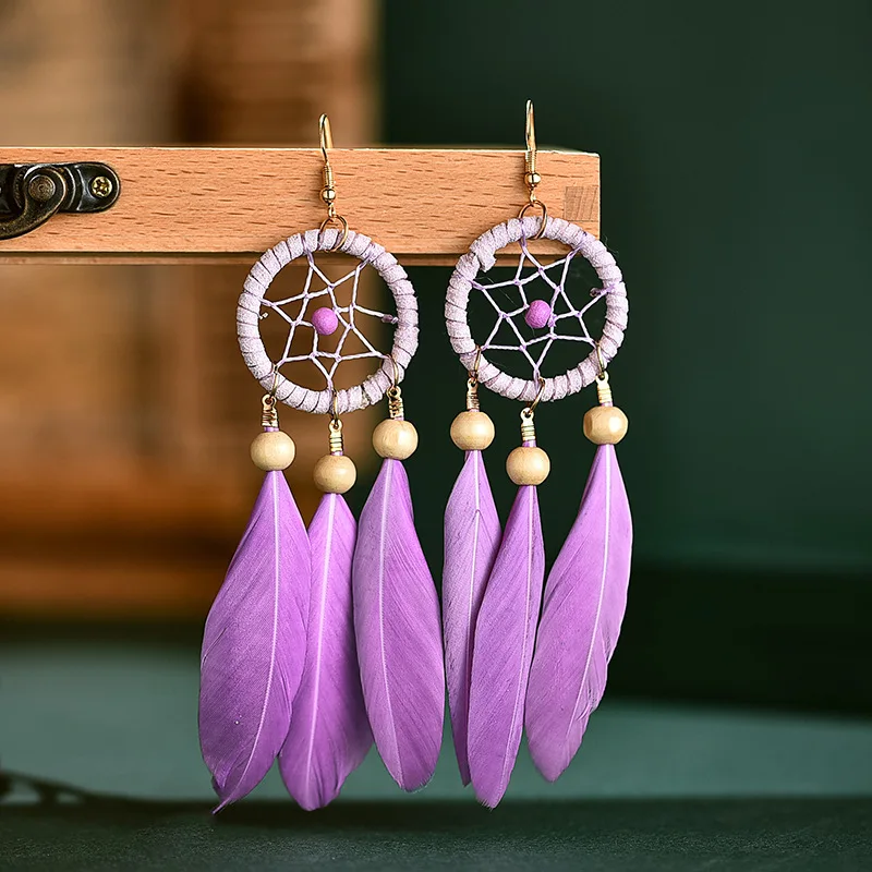 Drop Earrings Bohemian Hollow Dream Catcher Leaf Feather For Women