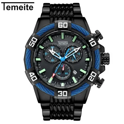 TEMEITE, мужские часы, кварт, хронограф, модные, военные, многофункциональные, с календарем, светящаяся рука, водонепроницаемые, стальная полоса, подарки для мужчин