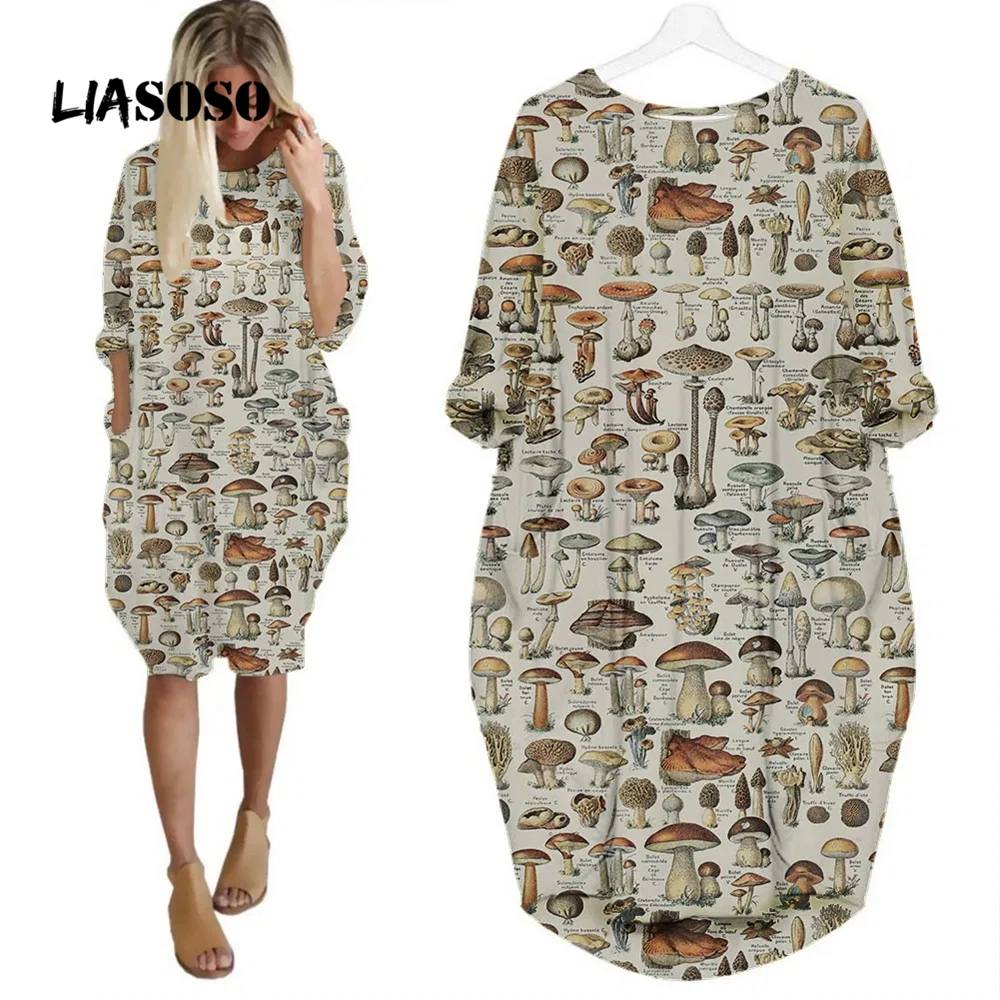 LIASOSO Plant Mushroom Print Sundress Lady Street Interesting Fashion Trend Wild Loose Long Sleeve Over The Knee Dress Women Y2K