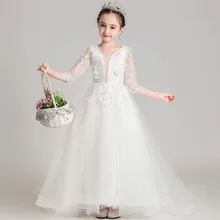 Осеннее роскошное Новое Детское платье белого цвета с короткими рукавами для девочек на день рождения и свадьбу детское платье для подростков, фортепиано костюм