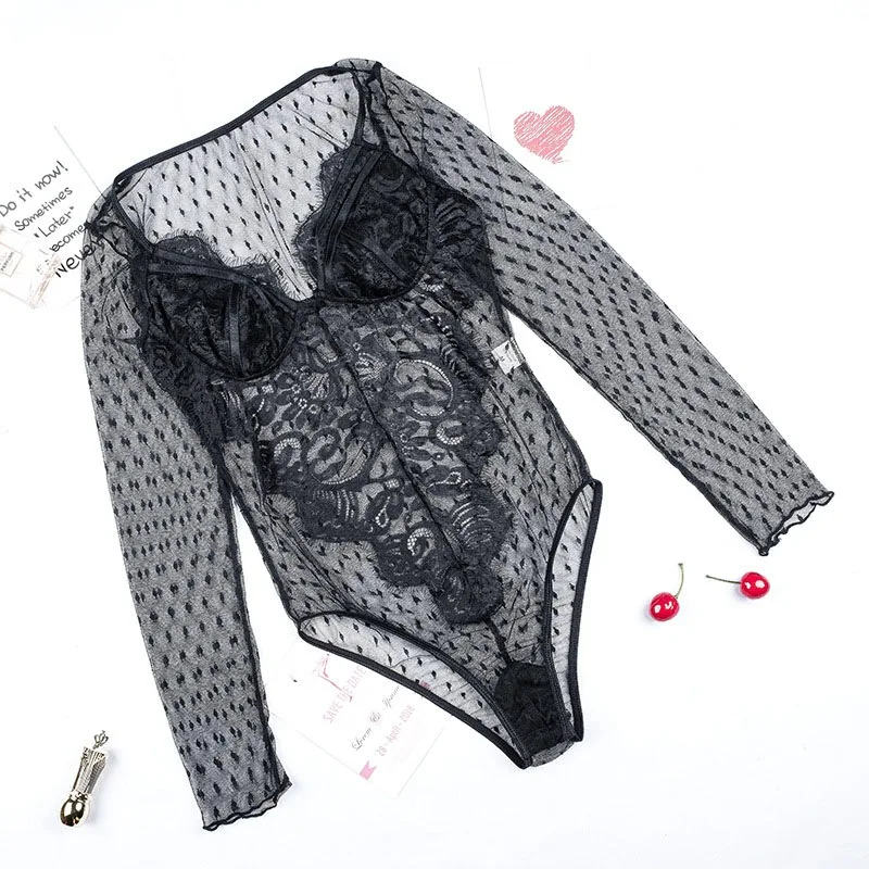Women Sexy V Neck Backless Bodysuit Women's Lace Long Sleeve Bodysuit Perspective Romper - Color: Black