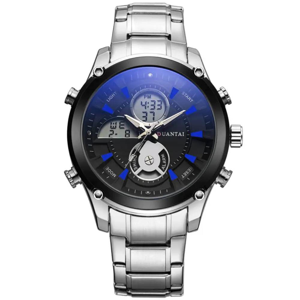 DUANTAI мужские s новые модные полностью стальные симфония стекло зеркало светодиодный цифровые часы кварцевые часы мужские спортивные часы Relogio masculino - Цвет: silver blue