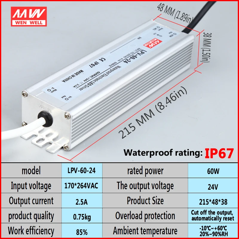 LPV-60-24v водонепроницаемый блок питания для работы вне помещений 60W24V водонепроницаемый Светодиодный источник питания 2.5A регулируемое освещение со световым коробом освещение