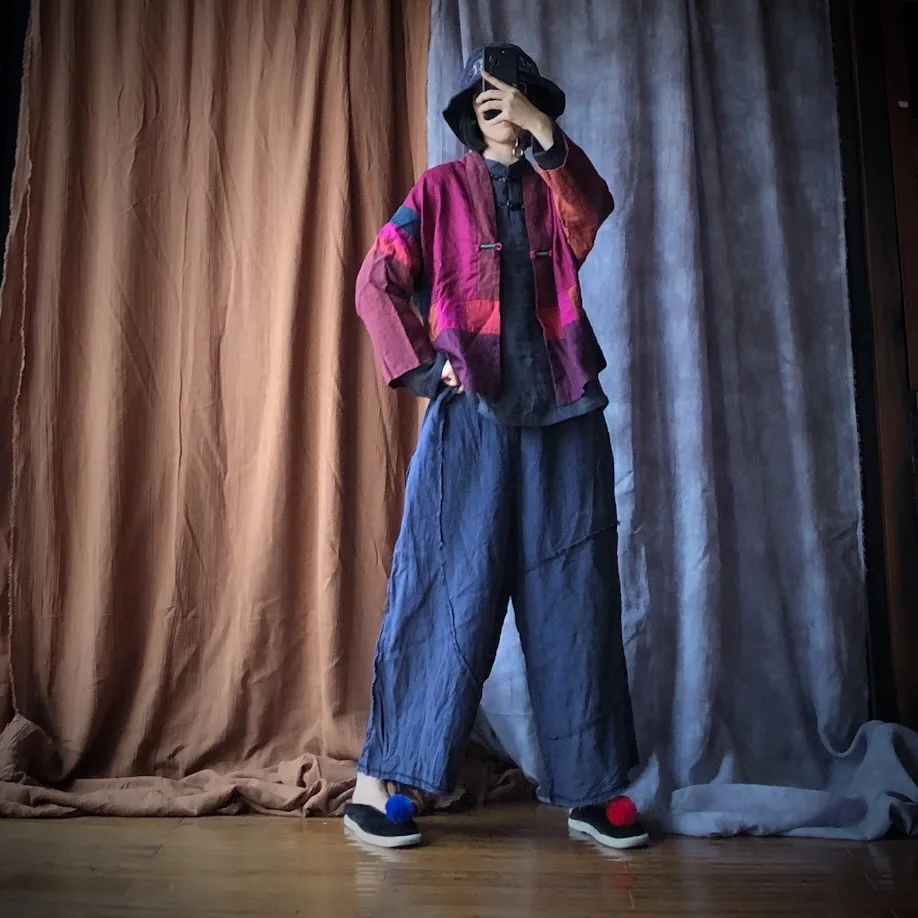 Johnature Patchwork 2020 Autumn New Women Pants Linen Elastic Waist Loose Vintage Ankle-Length Linen Casual Straight Pants
