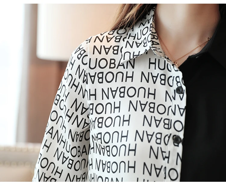 Осенняя женская блузка, женские топы, рубашки с длинным рукавом для женщин, топы, шифоновая блуза с буквенным принтом и v-образным вырезом, корейский топ 7124 50