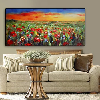 Wild Flowers Poppies Landscape Oil Painting Printed on Canvas 5