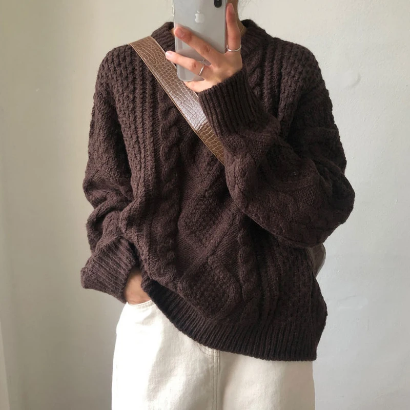 BGTEEVER, повседневный теплый свитер с круглым вырезом, Женский вязаный джемпер с длинным рукавом, женские пуловеры, зимние вязаные топы - Color: brown