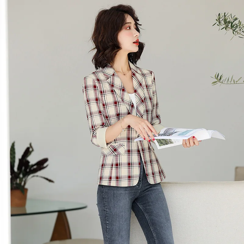 

2019 New Style Spring And Autumn Versatile Korean-style Slim Fit Plaid Small Suit Coat Women's Short Leisure Suit Online Celebri