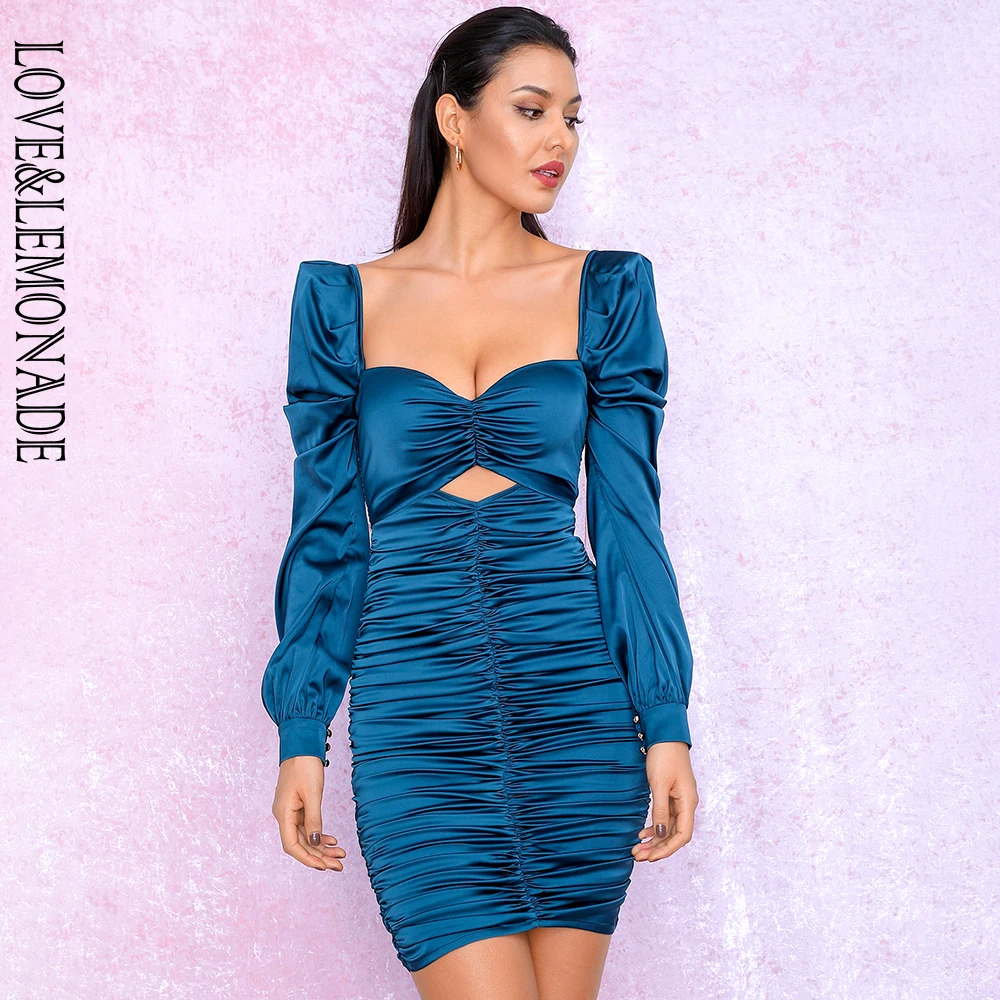 Женское облегающее платье LOVE &amp LEMONADE синее Плиссированное микро-эластичное