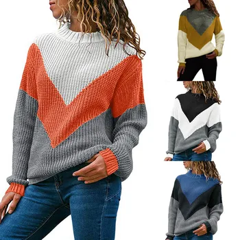 

Fashion Women Round Neck Color Block Long Sleeve Knitted Sweater Tops Pullover Jumper Winter Warm Blouse Tops c820