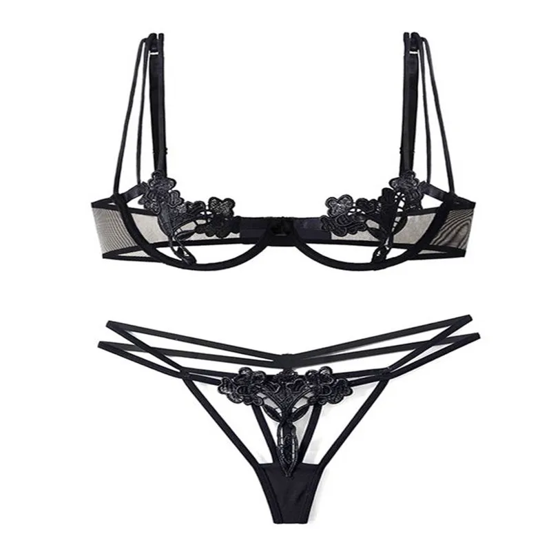 Ohyeahlady выдалбливают женщин Conjunto Lenceria Mujer пикантный, эротичный цветочный regiseno Trasparente Balck кавайный бюстгальтер набор трусов RJ80751 - Цвет: Black Bra Panty Set
