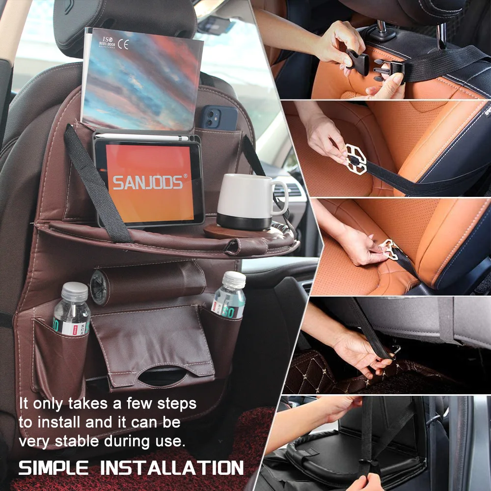 Sanjods Car Back Seat Organizer Pu Leather Storage Organizer Foldable Table Tray Travel Backseat