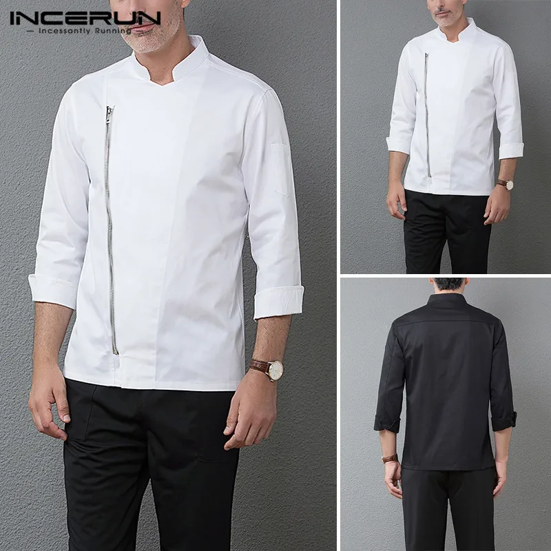 

INCERUN Mens Long Sleeve Chef Blouse Solid Color Long Sleeve Chef Jackets Unisex Chef Uniform Kitchen Service Cooking Shirt