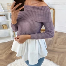 Сексуальный женский свитер с открытыми плечами, вязанные топы, пэчворк, сочетающийся цвет, свитер с вырезом-лодочкой, куртка, имитация двух частей, Новинка осени