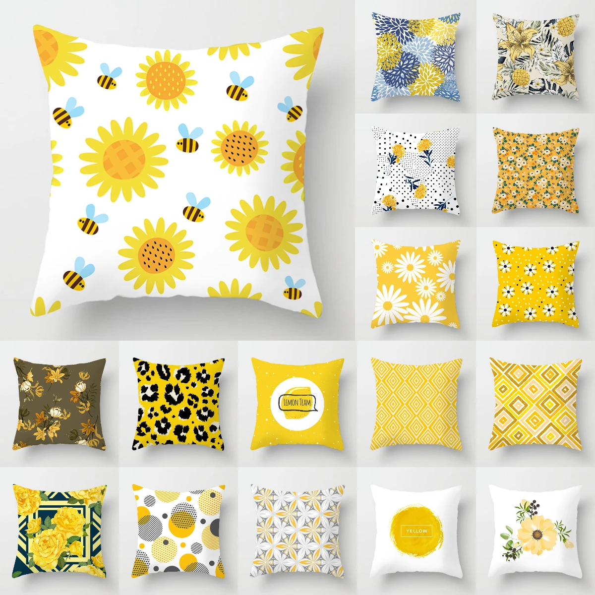 

2020 NEW Lemon Yellow Floral Cushion Cover Modern Nordic Geometric Polyester White Pillowcase Livingroom Sofa Decorative Pillows