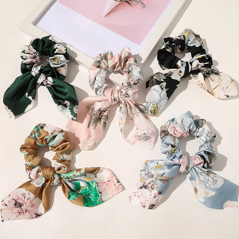 

Fashion Bows Knotted Scrunchies Ponytail Hair Accessories for Women Floral Print Elastic Hair Bands Rabbit Ears Satin Hair Tie