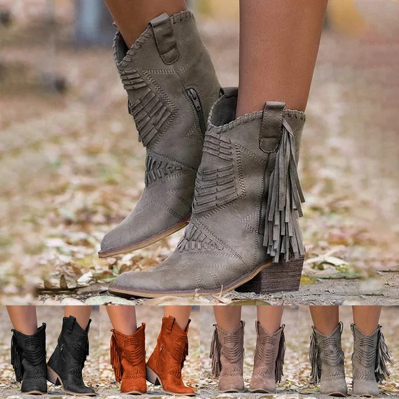 Botas De vaquero del oeste con borlas clásicas para Mujer, botas De piel vaquera, Zapatos De tacón bajo hasta la rodilla, botas De invierno, Zapatos De Mujer
