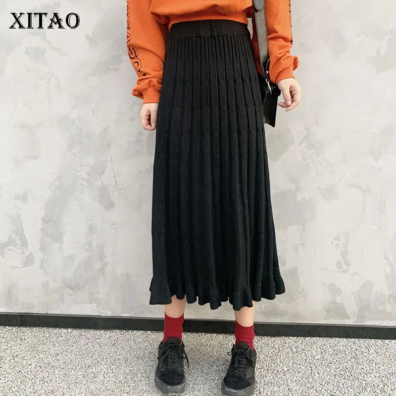 XITAO, модная плиссированная трикотажная юбка, женская элегантная эластичная юбка с высокой талией,, осенне-зимняя женская одежда DMY1057