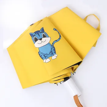 

Cute Cat Automatic 3-Fold Umbrella For Women Windproof Parsol Female Excellent White Handle Umbrella For Student Black Coating