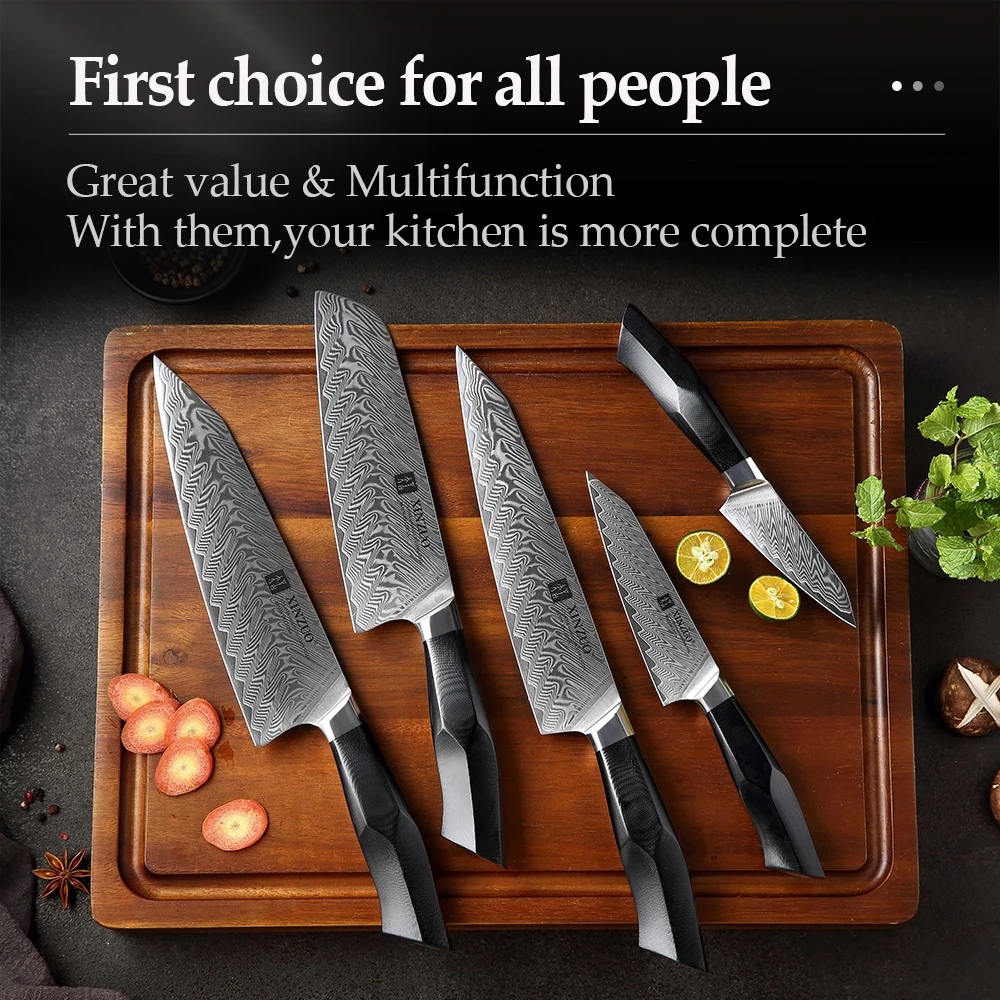 XINZUO 5 Pcs Kitchen Knife Set 67 layers Damascus Steel Santoku Cleaver Chef  Knives with G10 Handle Professional Chef's Tools