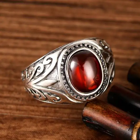 RED S925 чистое серебряное кольцо черный красный камень старый ротанг мужские кольца для мужчин тайское модное серебро стиль ювелирные изделия - Цвет основного камня: RED