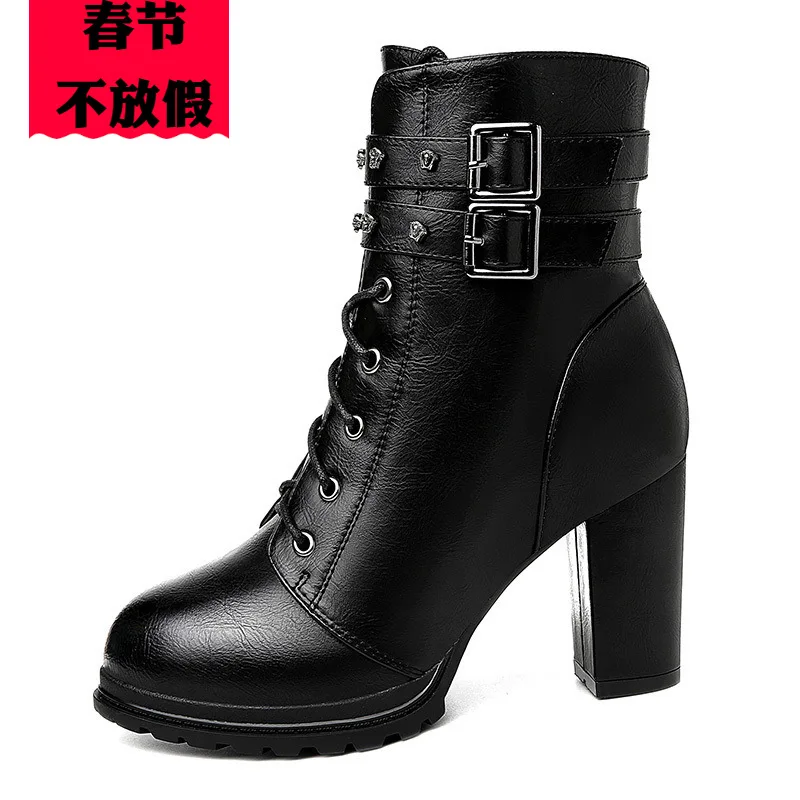 

Chunky-Heel Martin Boots WOMEN'S Shoes Short Boots 2018 Autumn & Winter New Style Fashion plus Velvet Korean-style Versatile Hig