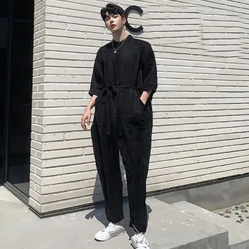 

Homens verão algodão linho manga curta macacões casual harem calças masculino streetwear hip hop solto casual macacão bib calças