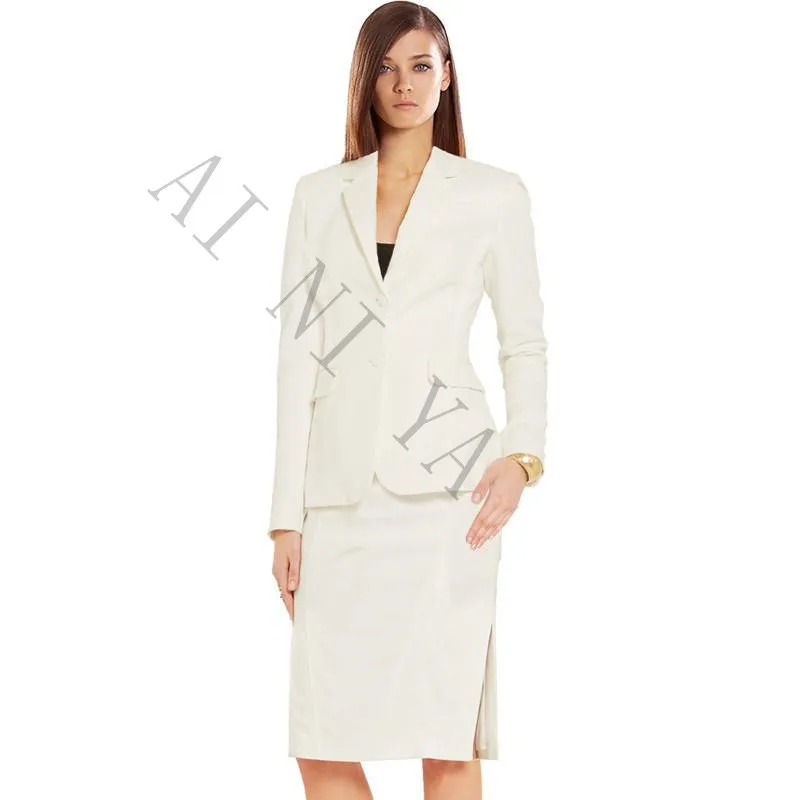 

Autumn Winter 2 Piece Set Women Elegant Business Skirt Suits Long Sleeve Ivory Female Office Uniform Ladies Formal OL Work Wear