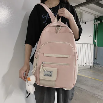 

New Panelled Waterproof nylon Women backpack Female eye-splice schoolbag for Teenage girls Double front pocket Mochilas pink
