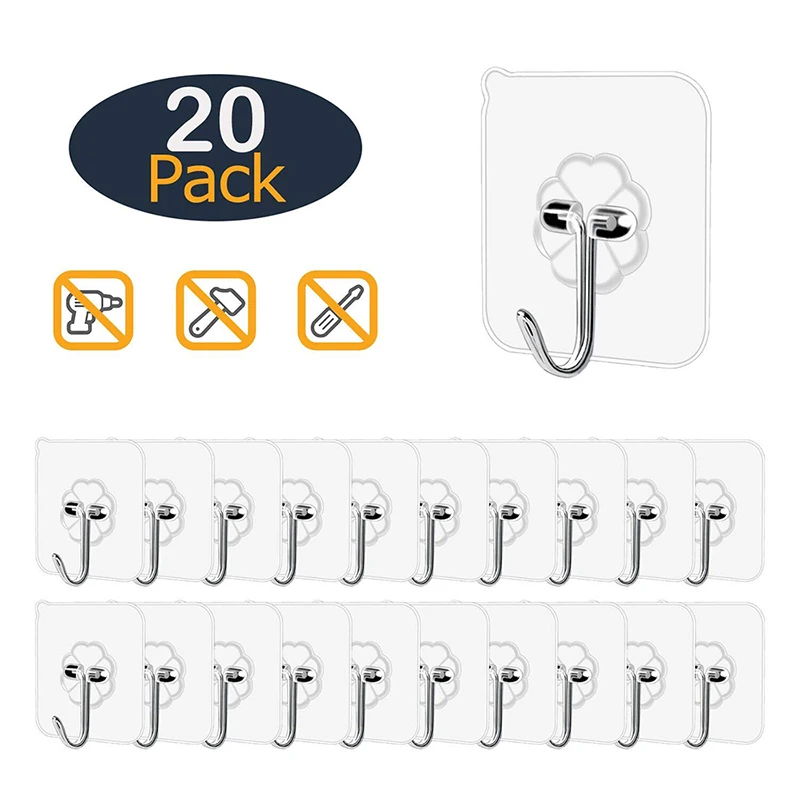 20 piezas de pared transparente, ganchos autoadhesivos impermeables a prueba de aceite, reutilizables, sin costuras, para cocina, baño y oficina