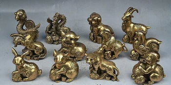 

919+++Rare China FengShui Brass Wealth Dragon Horse 12 Zodiac Year Animals Statue Set