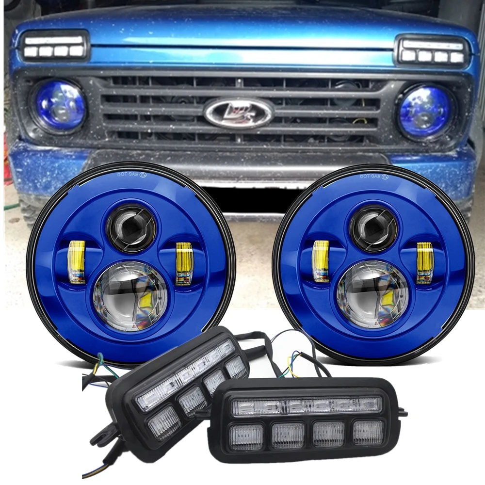 

Blue Red Orange 7" Headlight for Lada 4x4 urban Niva With Led DRL Turn Signal Lights Combo for Lada Niva 4X4 Accessories 1995+