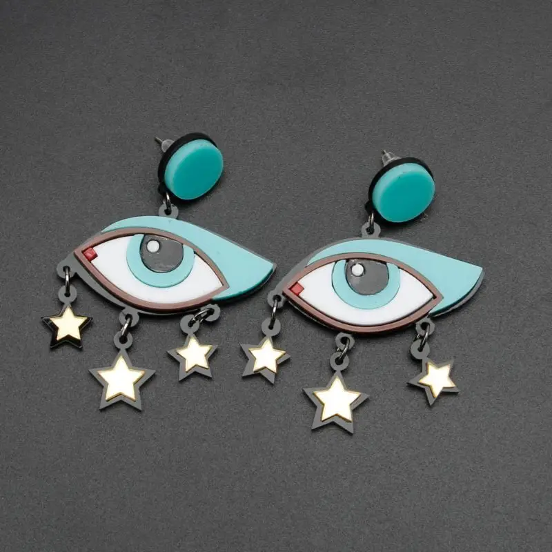 Women Acrylic Big Cartoon Evil Eyes Star Dangle Drop Earrings Fashion Jewelry