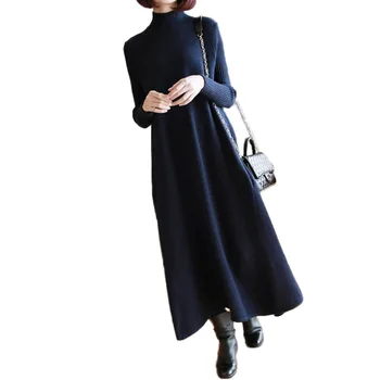

Lugentolo Sweater Dress Knitted Loose Autumn Winter Solid Color Long-sleeved Round Neck Pocket Knitting 3 Color