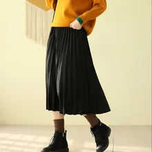 New Style Solid Women Pleated Skirts Female All-match Elastic Wasit Retro Spring Casual Skirts Women falda mujer Black Grey