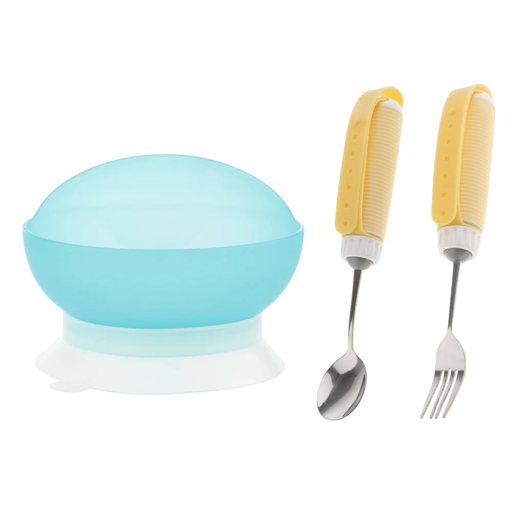 3pcs Silicone Gel Stainless Steel Anti Slip Strap Arthritis Assist Parkinson's Elderly Utensil Eating Aids Spoon Fork Bowl Kit
