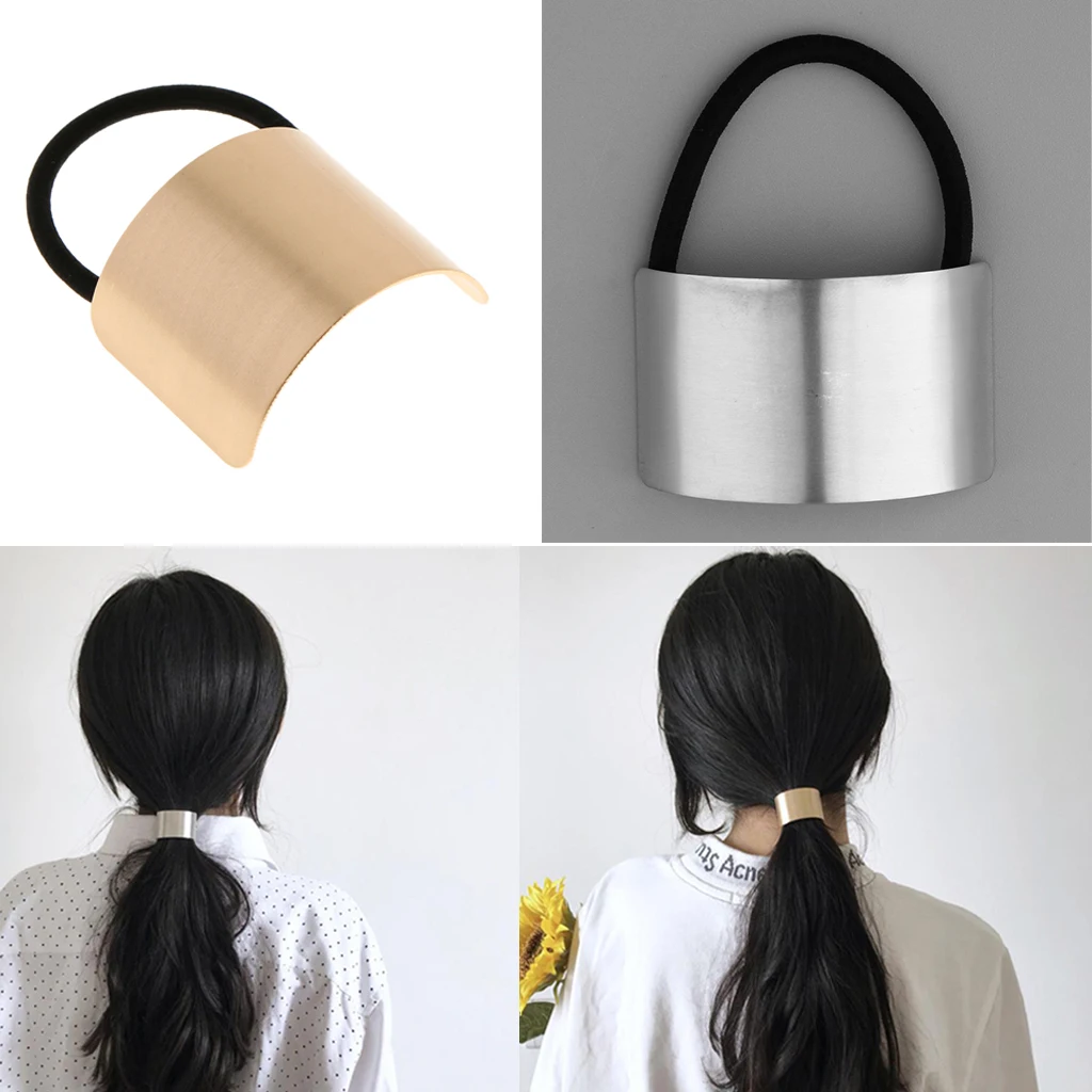 2pcs Chic Metal Cuff Stretchy Hair Rope Hairband Womens Hair Tie Ponytail Holder