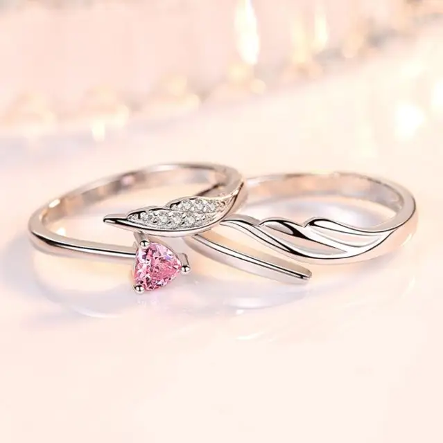 Real 925 Sterling Silver Angel Wing Love Pink Crystal Heart Rings