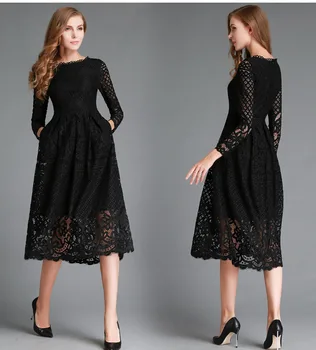 

Fashion Lace Hollow Out Dress Elegant Women Long Sleeve White Black Evening Dresses 2020 Robe De Soiree