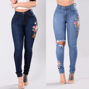 

Stretch Embroidered Jeans For Women Elastic Flower Jeans Female Slim Denim Pants Hole Ripped Rose Pattern Jeans Pantalon Femme