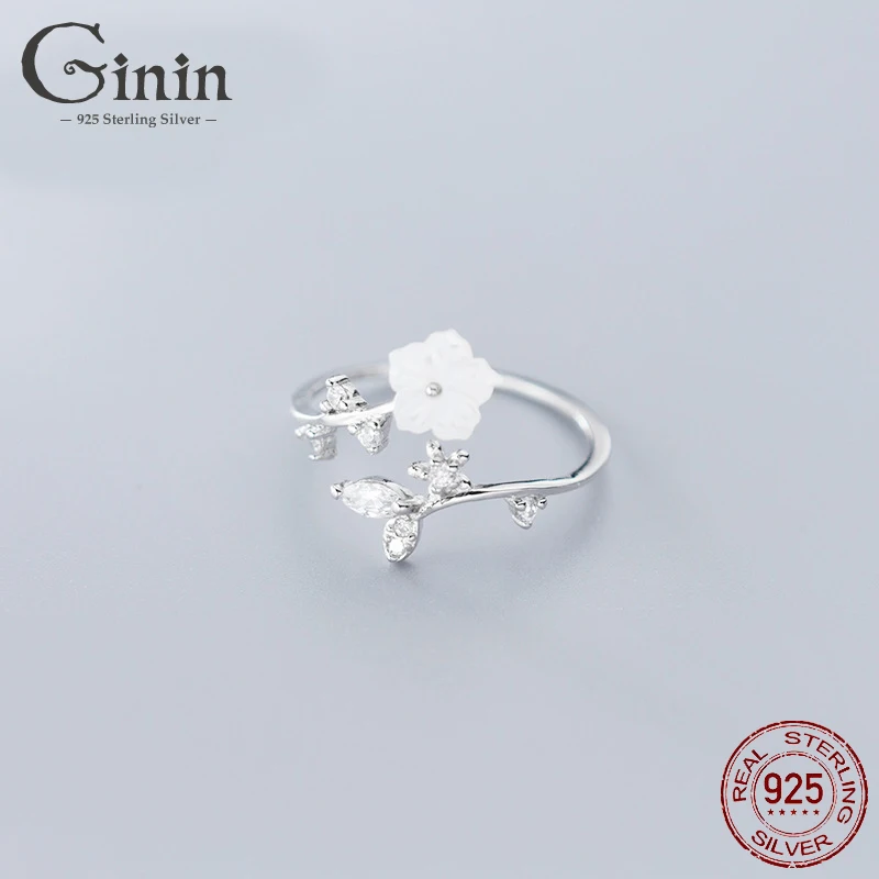 

Ginin 925 Sterling Silver Ring For Women 2021 Trendy Flower Leaf Inlaid Zircon Stylish Opening Finger Jewelry Engagement Gift